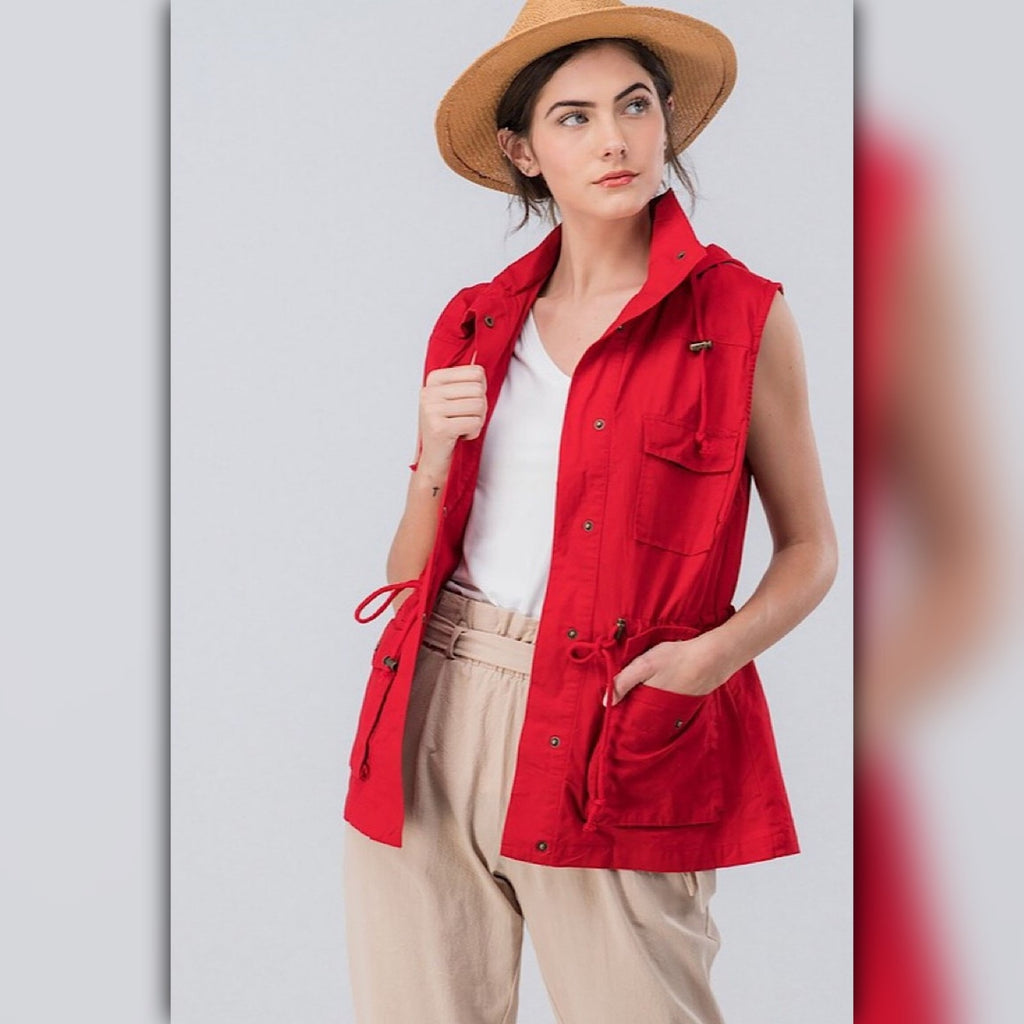 A071-A ◾Red Hooded Utility Anorak Vest