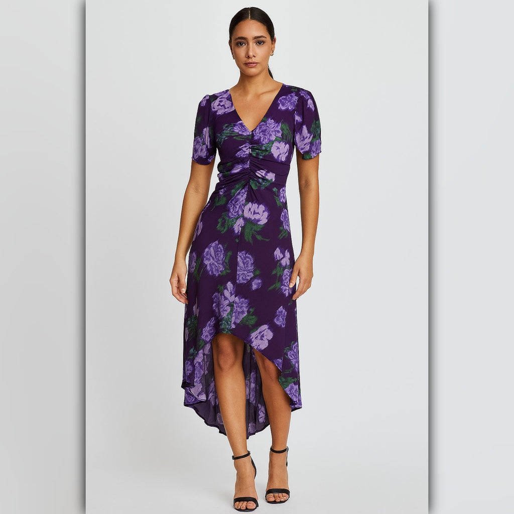 A447 • Purple Floral Ruched Midi Dress with High-Low Hem
