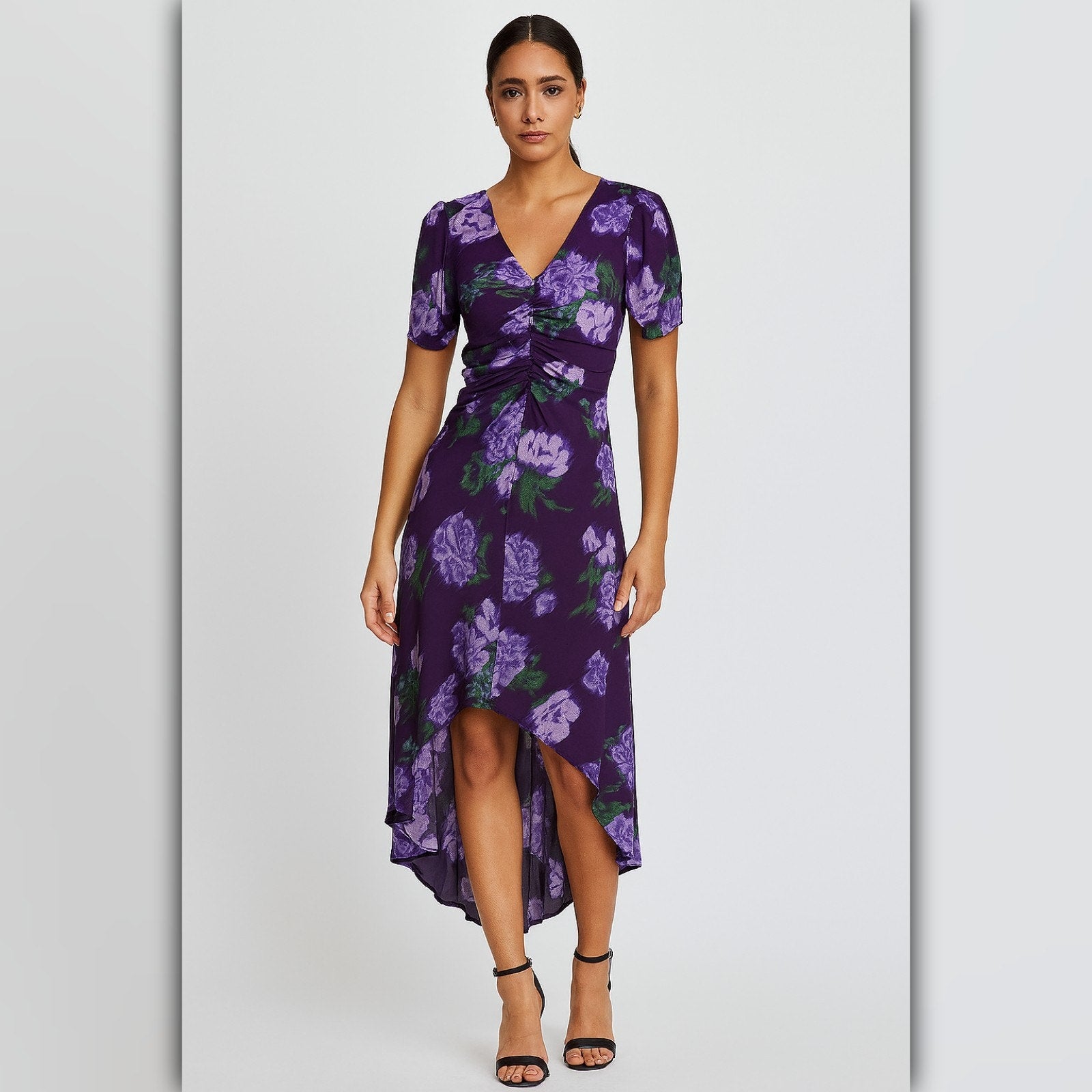 A447 • Purple Floral Ruched Midi Dress with High-Low Hem