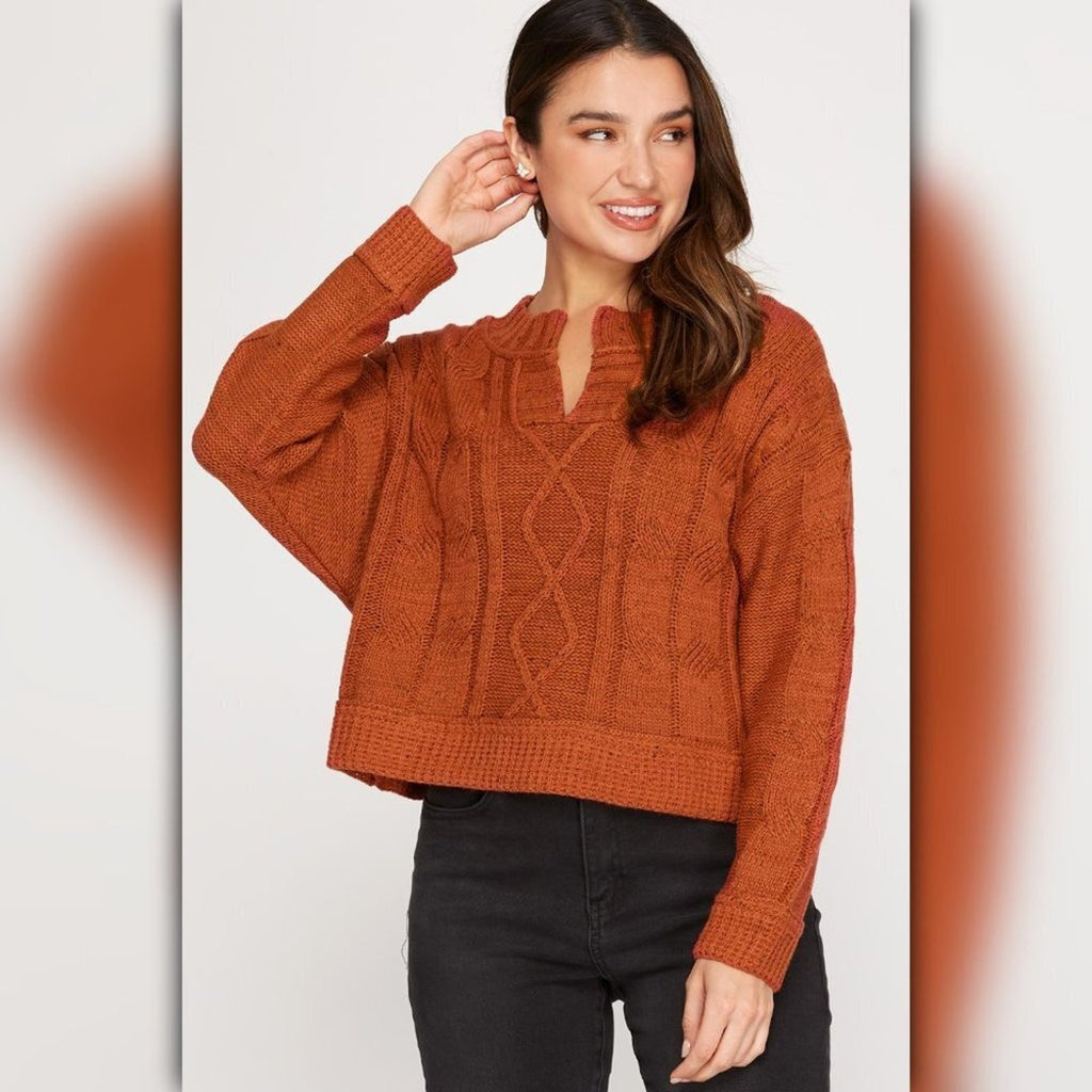 A493 • Rust Cable Knit Split Neck Sweater Top