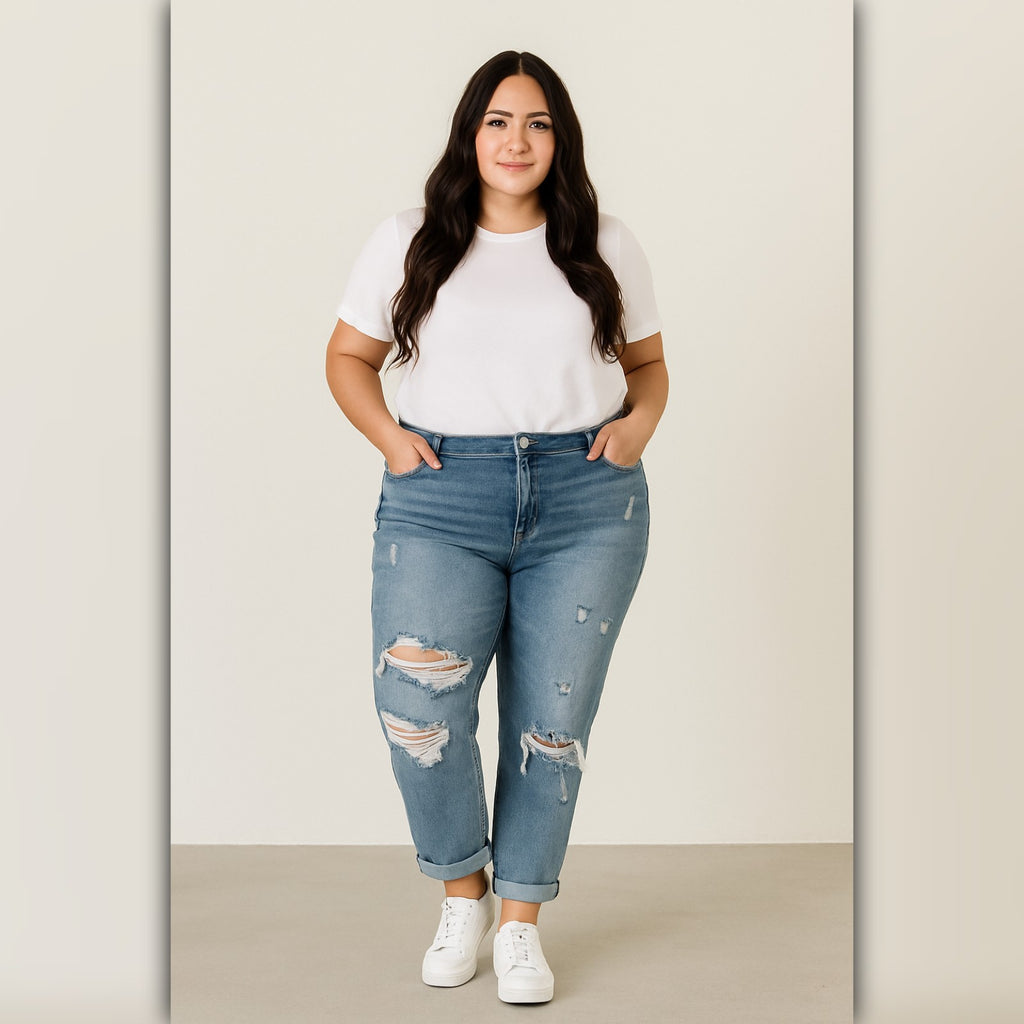 A441 • Distressed Mid-Rise Boyfriend Jeans – Medium Wash Denim