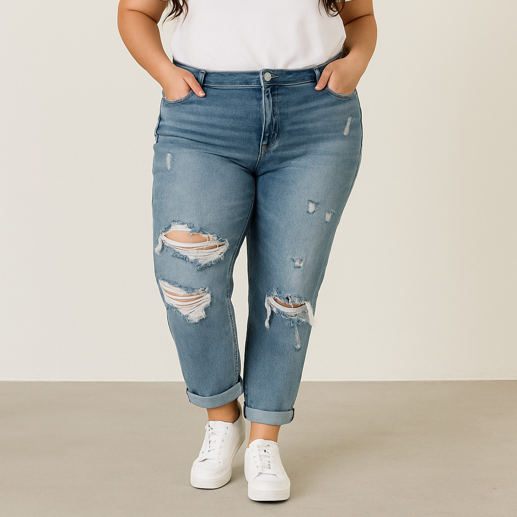 A441 • Distressed Mid-Rise Boyfriend Jeans – Medium Wash Denim
