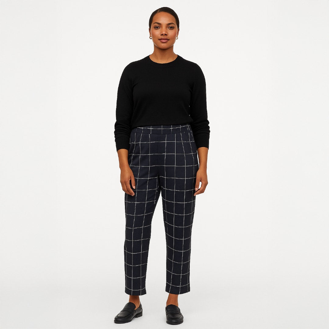 A293-B • Navy High-Rise Plaid Ankle Windowpane Knit Trousers Pants