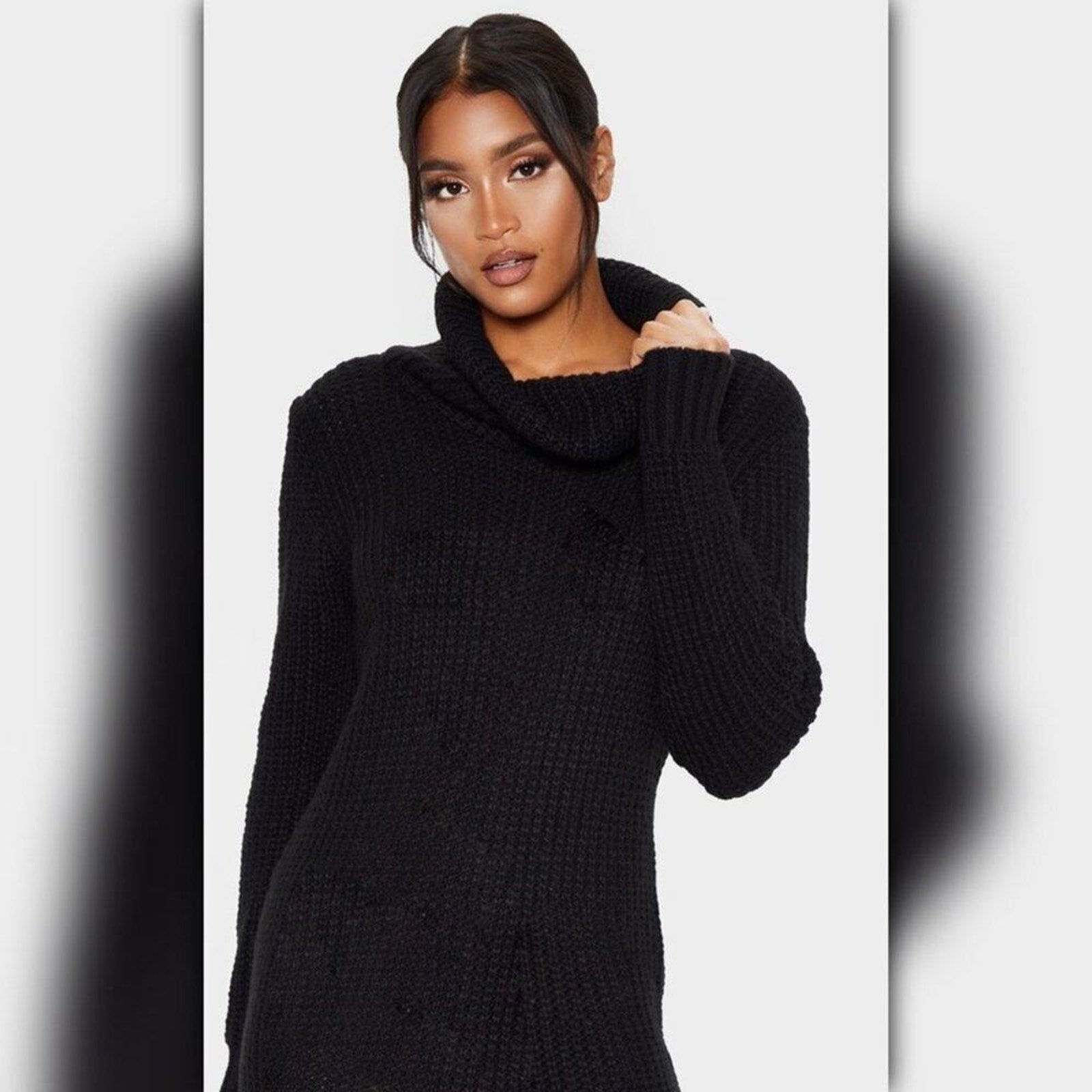 A308 • Black Cowl Neck Cable Knit Tunic Sweater Dress