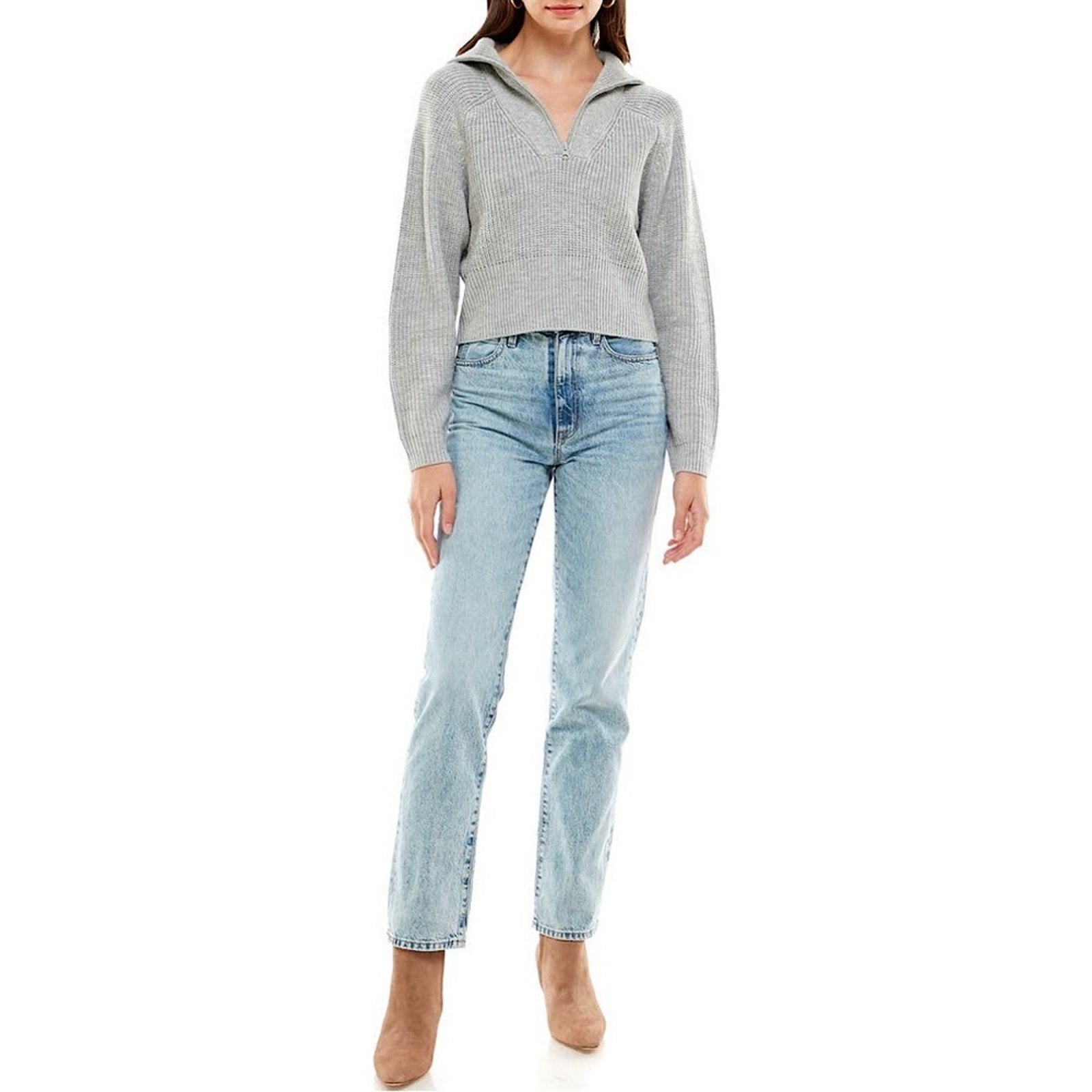 A264 • WAYF Light Heather Grey Zip Collar Knit Sweater