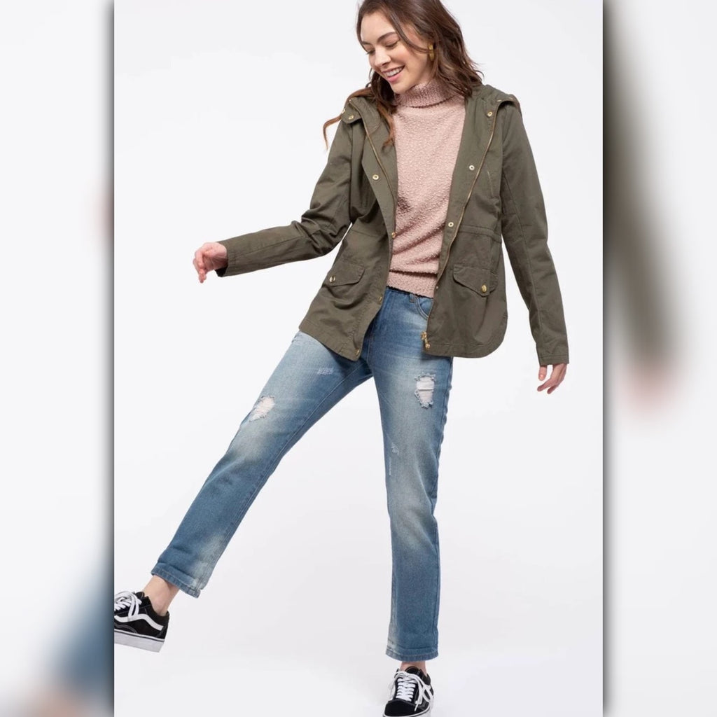 A410◾Lightweight Olive Cotton Utility Jacket With Hood Drawstring Waist