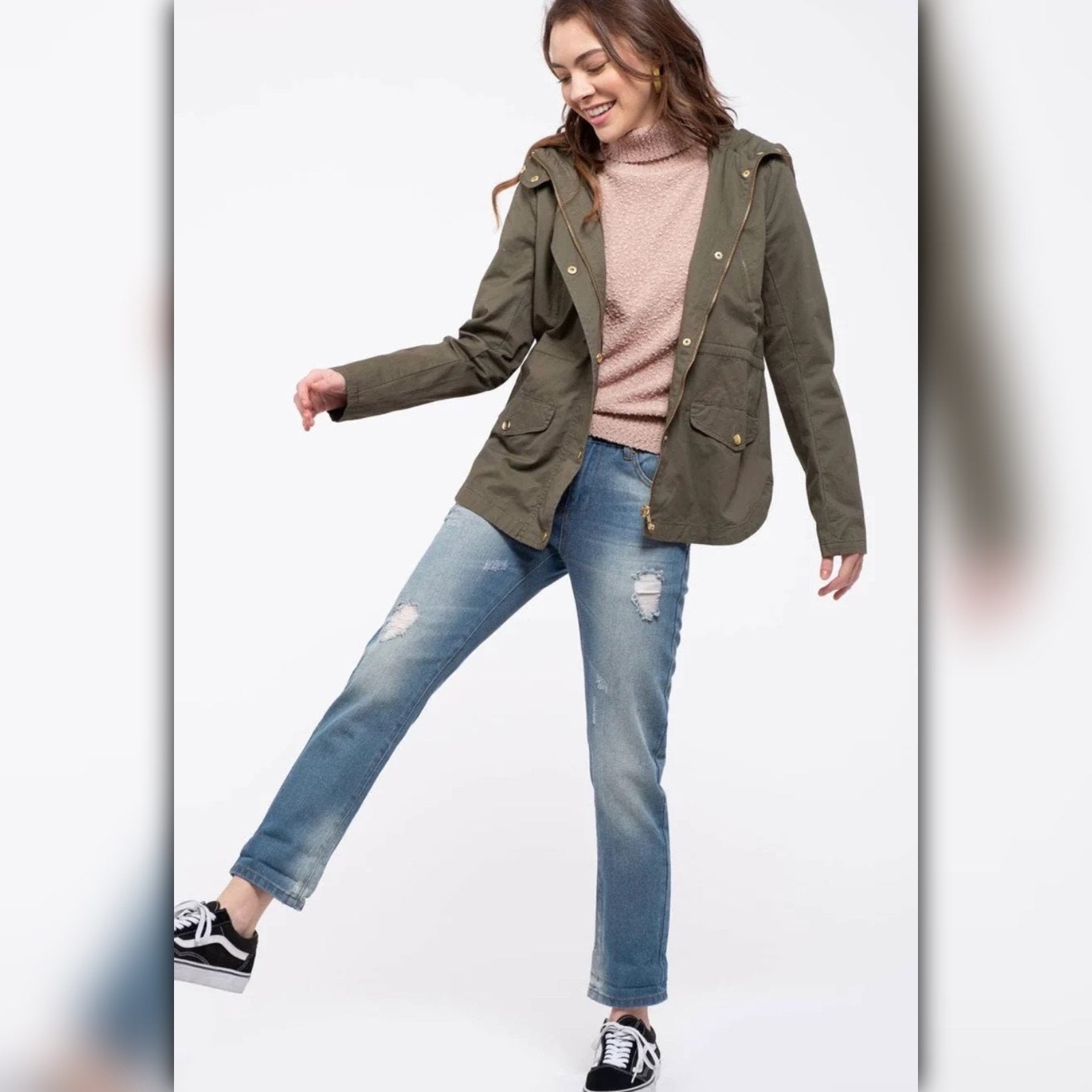 A410◾Lightweight Olive Cotton Utility Jacket With Hood Drawstring Waist