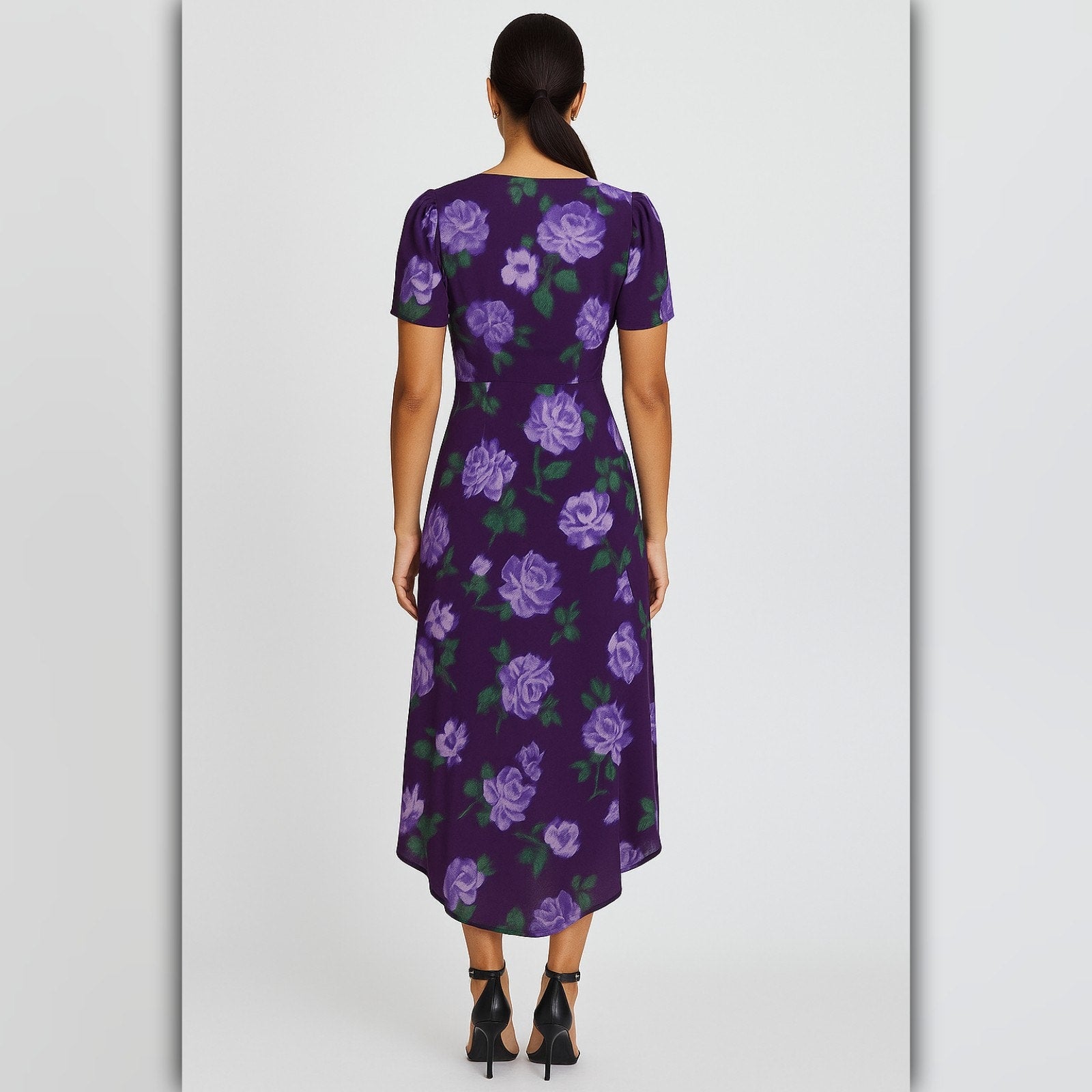 A447 • Purple Floral Ruched Midi Dress with High-Low Hem