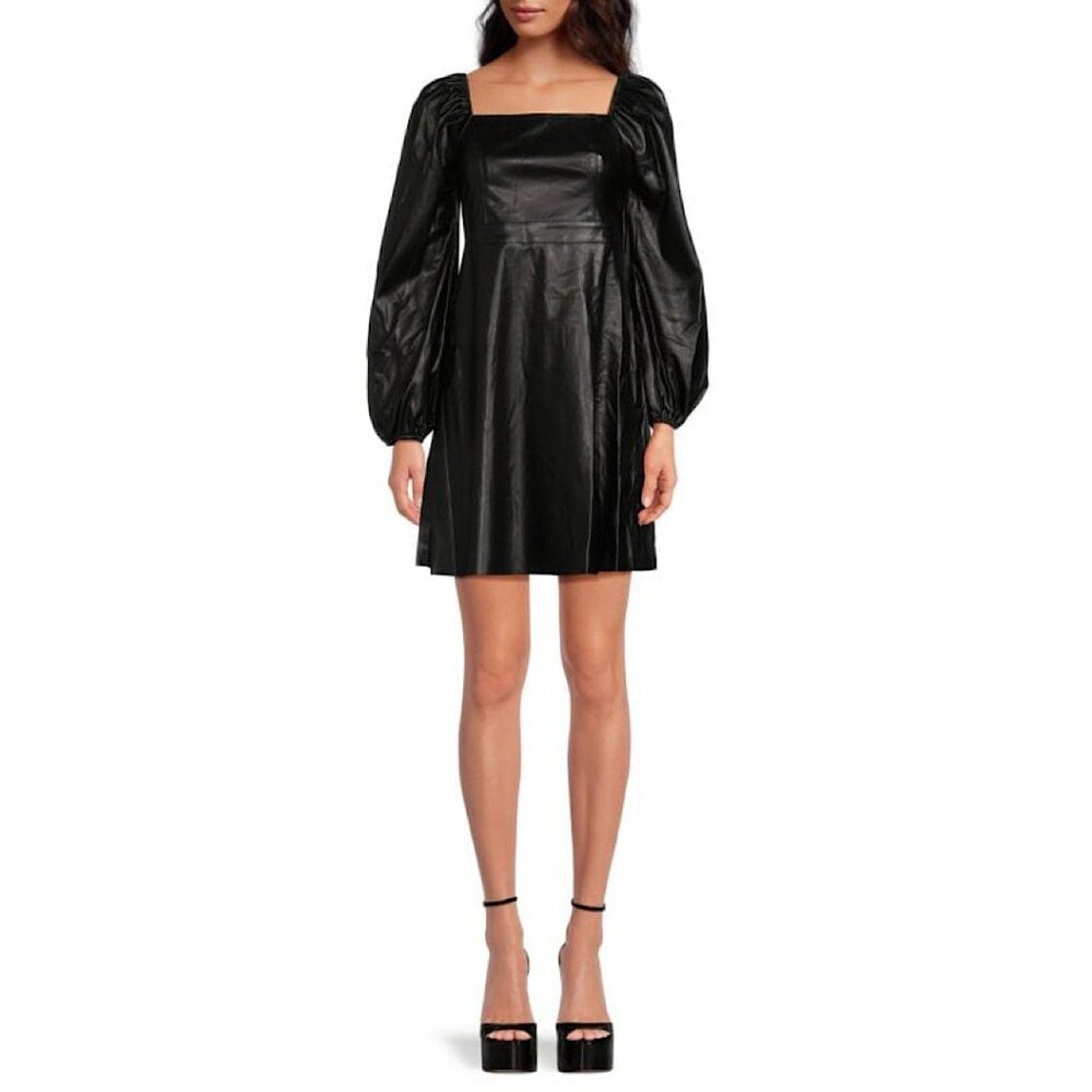A176 • Faux Leather Puff Sleeve Mini Dress