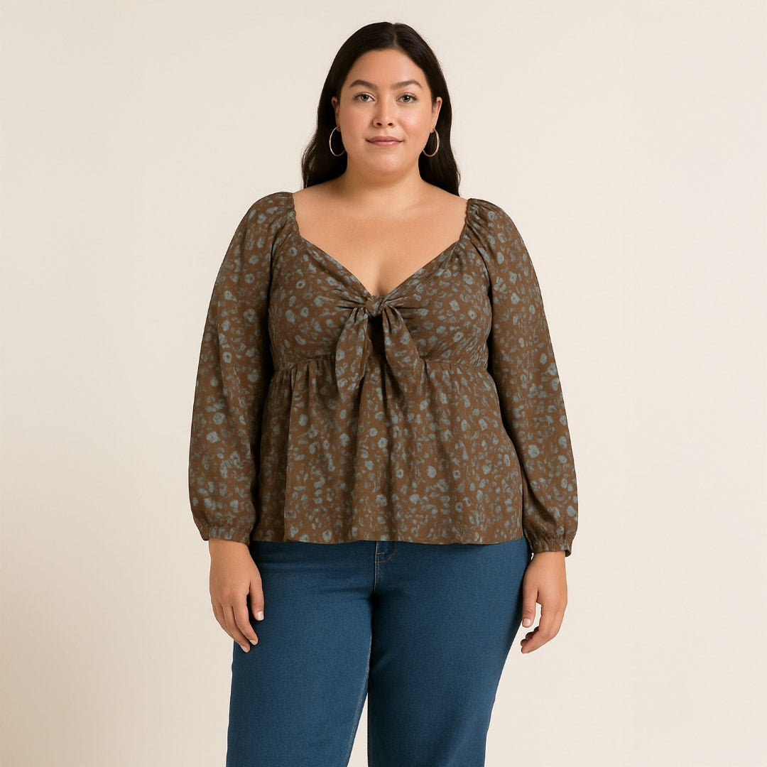 A519 • Plus Size Tie-Front Leopard Peplum Blouse