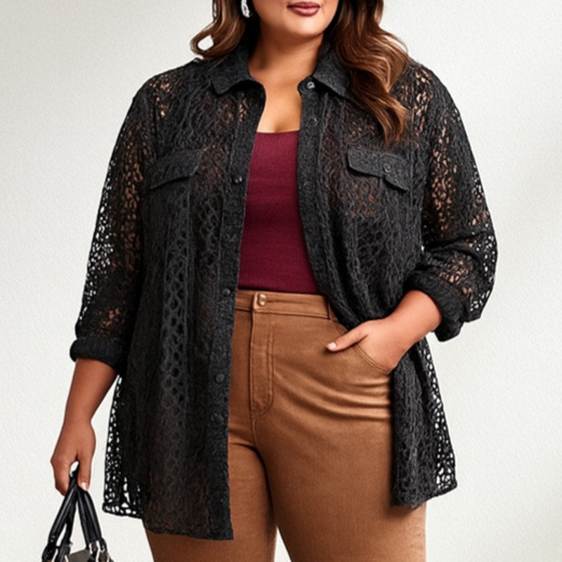 A510 • Black Lace Button-Down Shacket Top