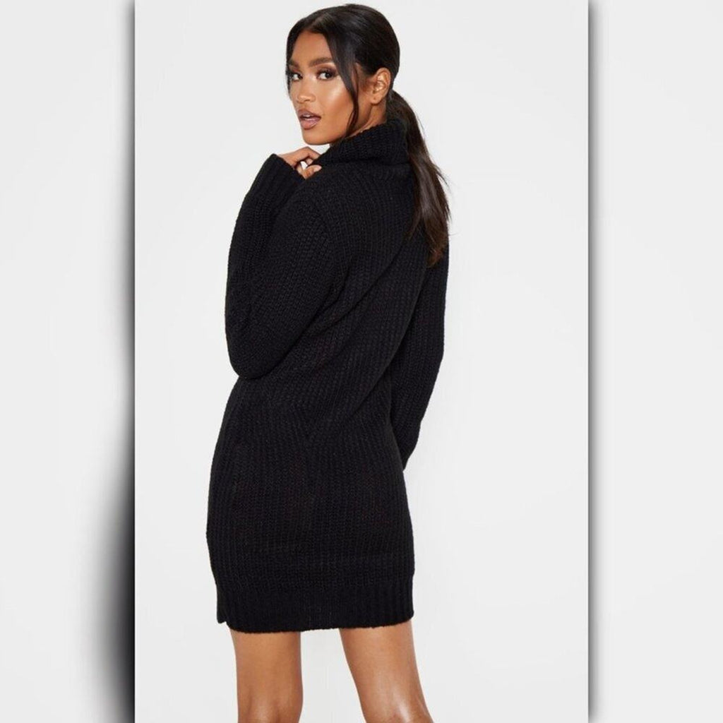 A308 • Black Cowl Neck Cable Knit Tunic Sweater Dress