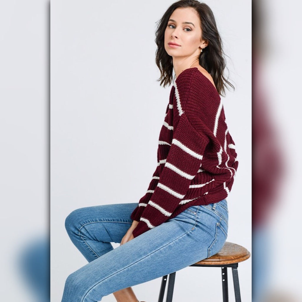 A261 • Stripe Dolman Sleeve Twist Back Knit Sweater Top