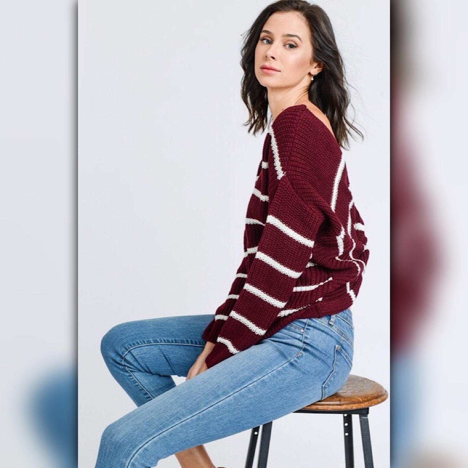 A261 • Stripe Dolman Sleeve Twist Back Knit Sweater Top