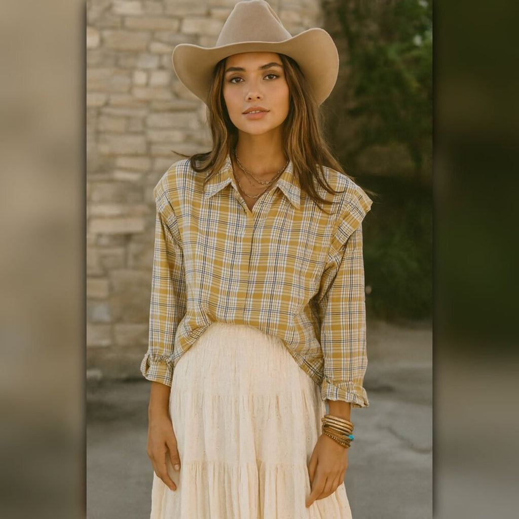 A478 • Plaid Puff Shoulder Cotton Button Down Shirt