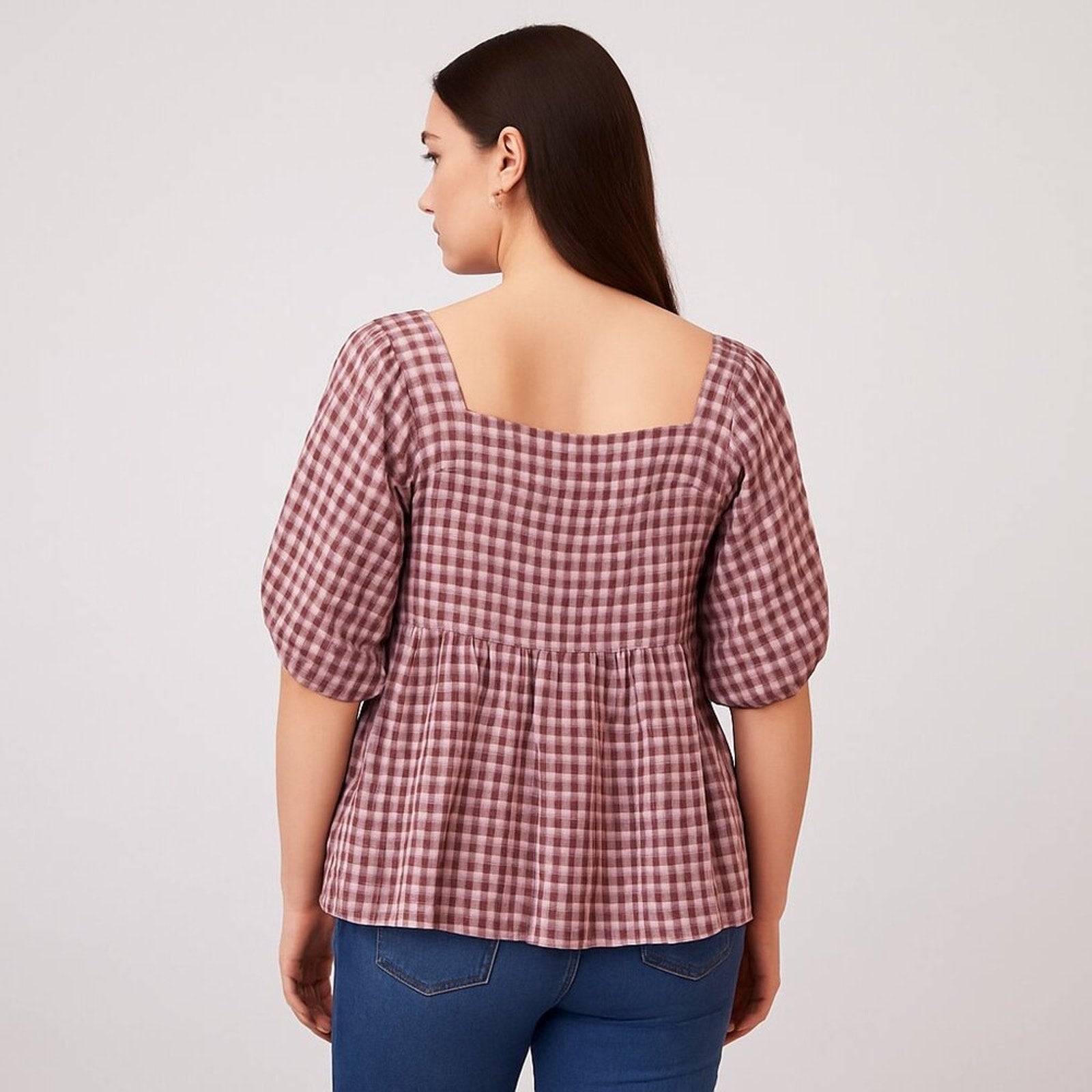 A230 • Mauve Gingham Square Neck Peplum Blouse
