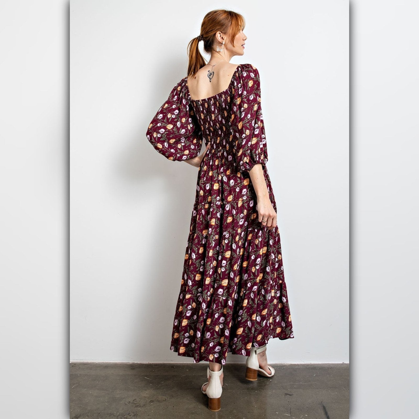 A235 • Boho Square Neck Floral Print Maxi Dress