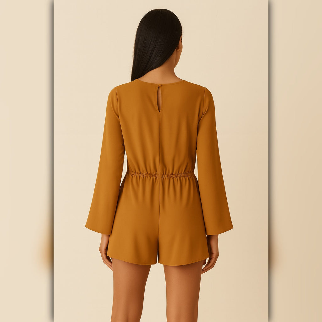 A078 • Caramel Long Sleeve Overlay Romper with Keyhole Back