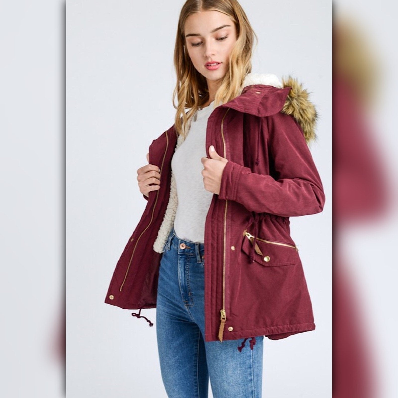 A232 • Wine Faux Fur Hooded Sherpa-Lined Utility Parka Jacket