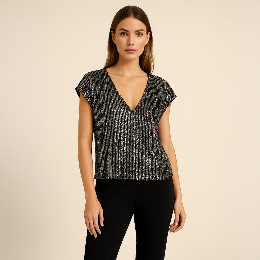 A497 • CeCe Black Sequin V-Neck Party Top