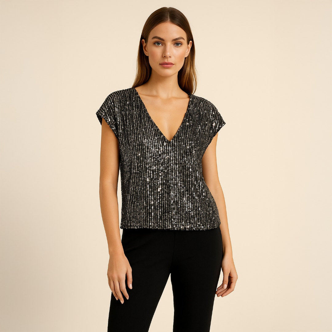 A497 • CeCe Black Sequin V-Neck Party Top