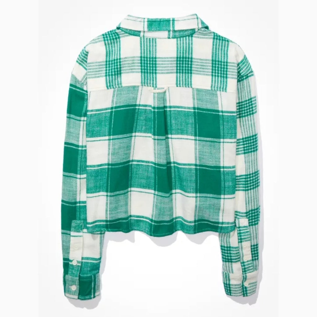 A494 • Cozy Cropped Green Plaid Flannel Shirt
