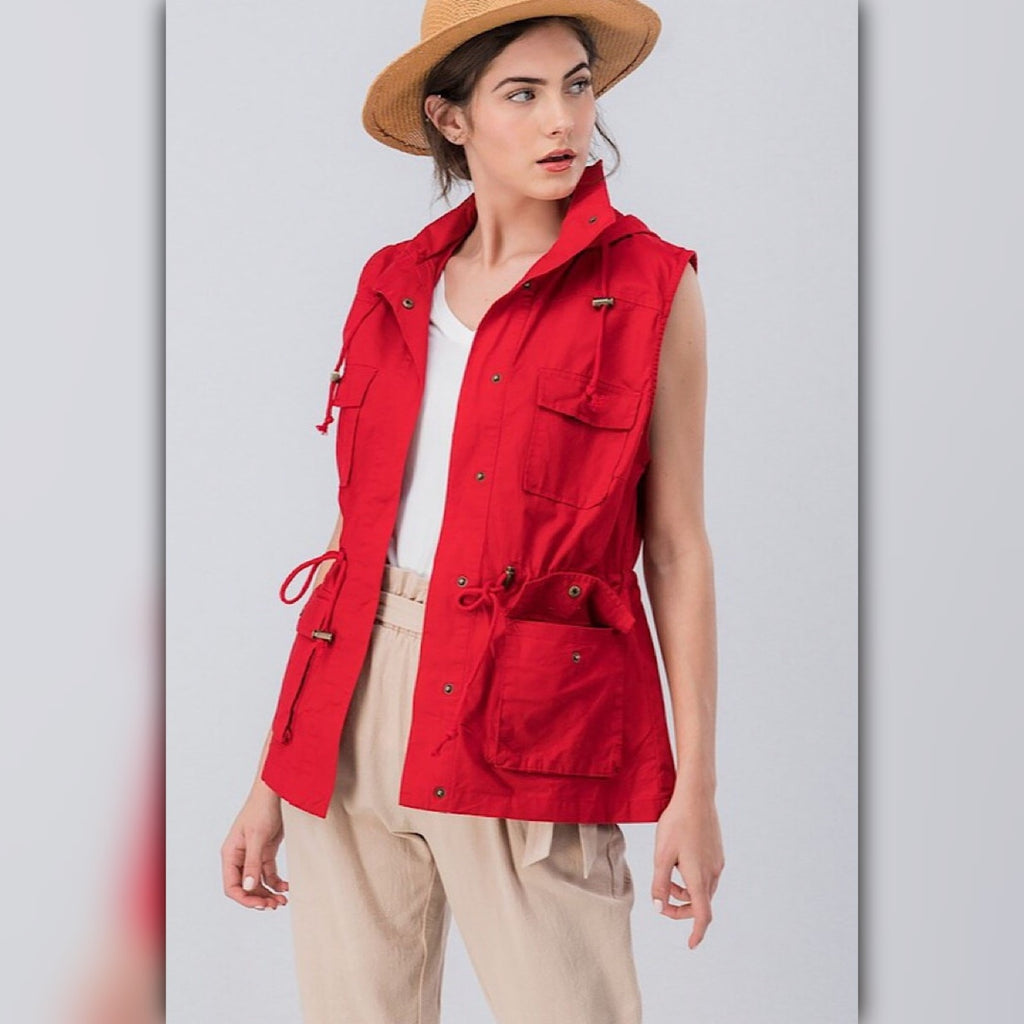 A071-A ◾Red Hooded Utility Anorak Vest