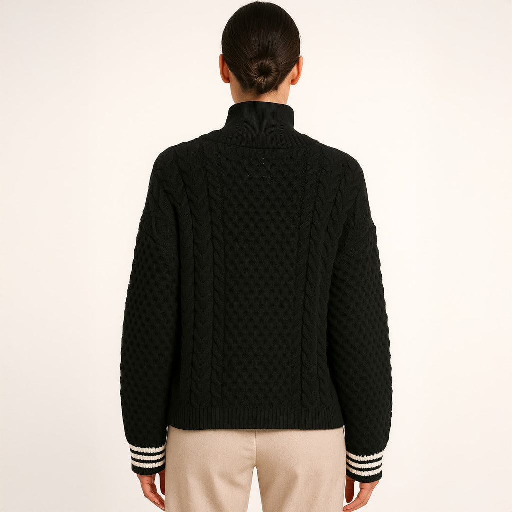 A501 • Central Park West Black Cable Knit Bomber Jacket
