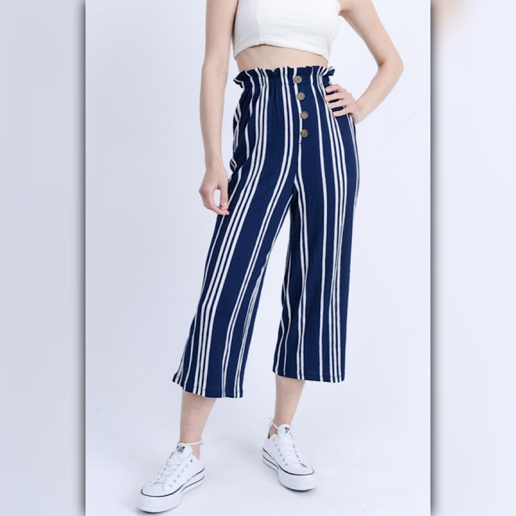 A587◾Blue Striped Wide-Leg Cropped Pants