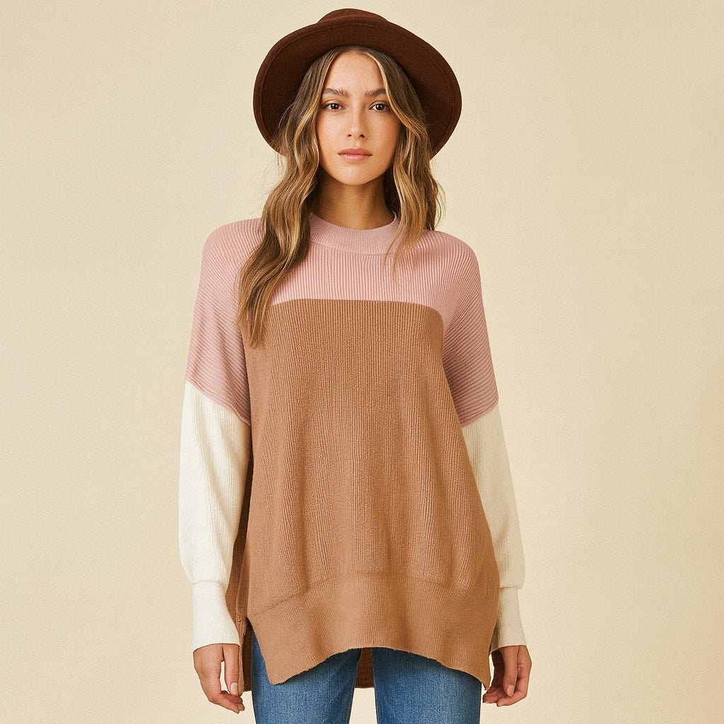 A126 • Tan Multi Colorblock Batwing Ribbed Knit Pullover Sweater
