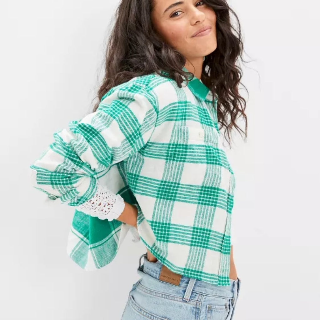 A494 • Cozy Cropped Green Plaid Flannel Shirt