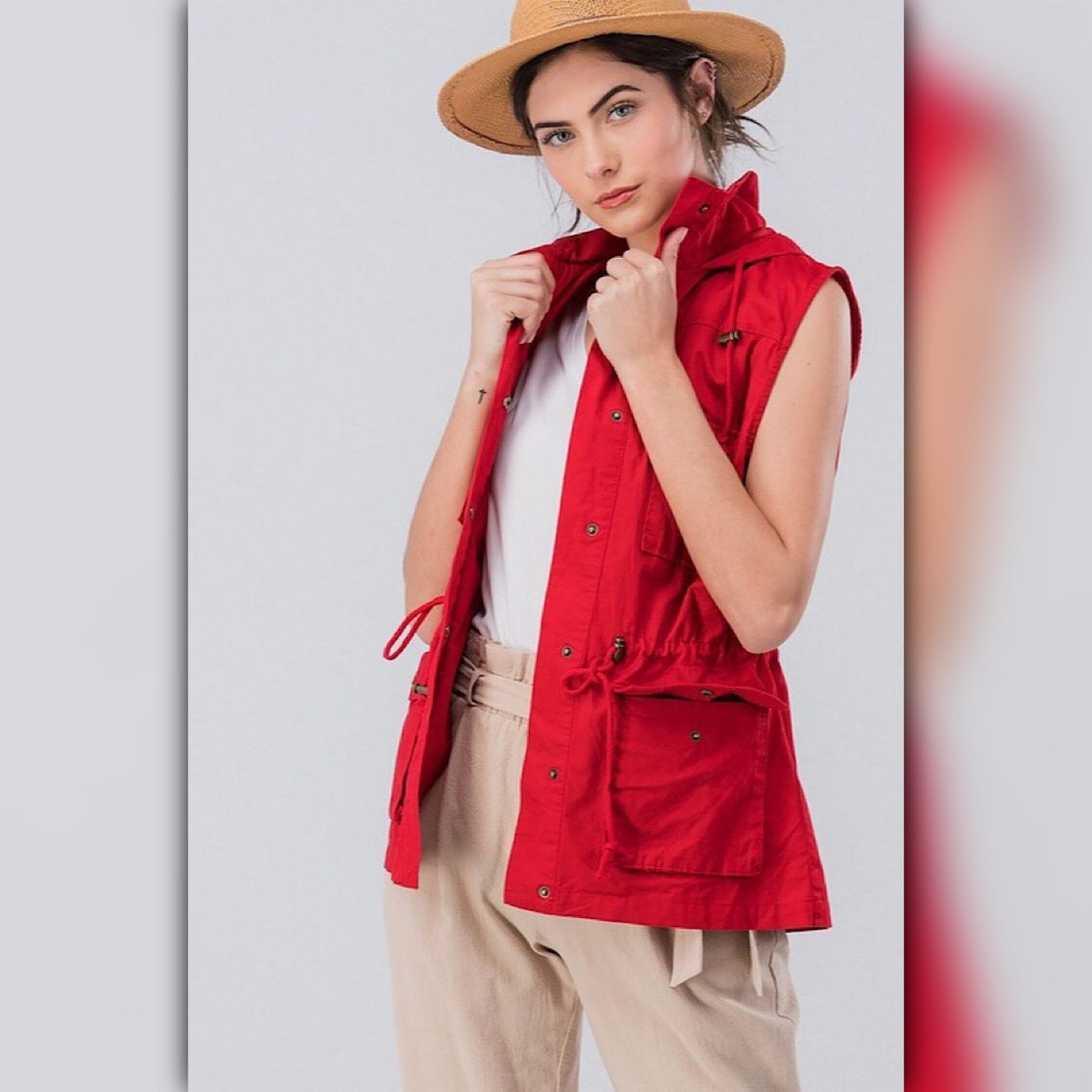 A071-A ◾Red Hooded Utility Anorak Vest