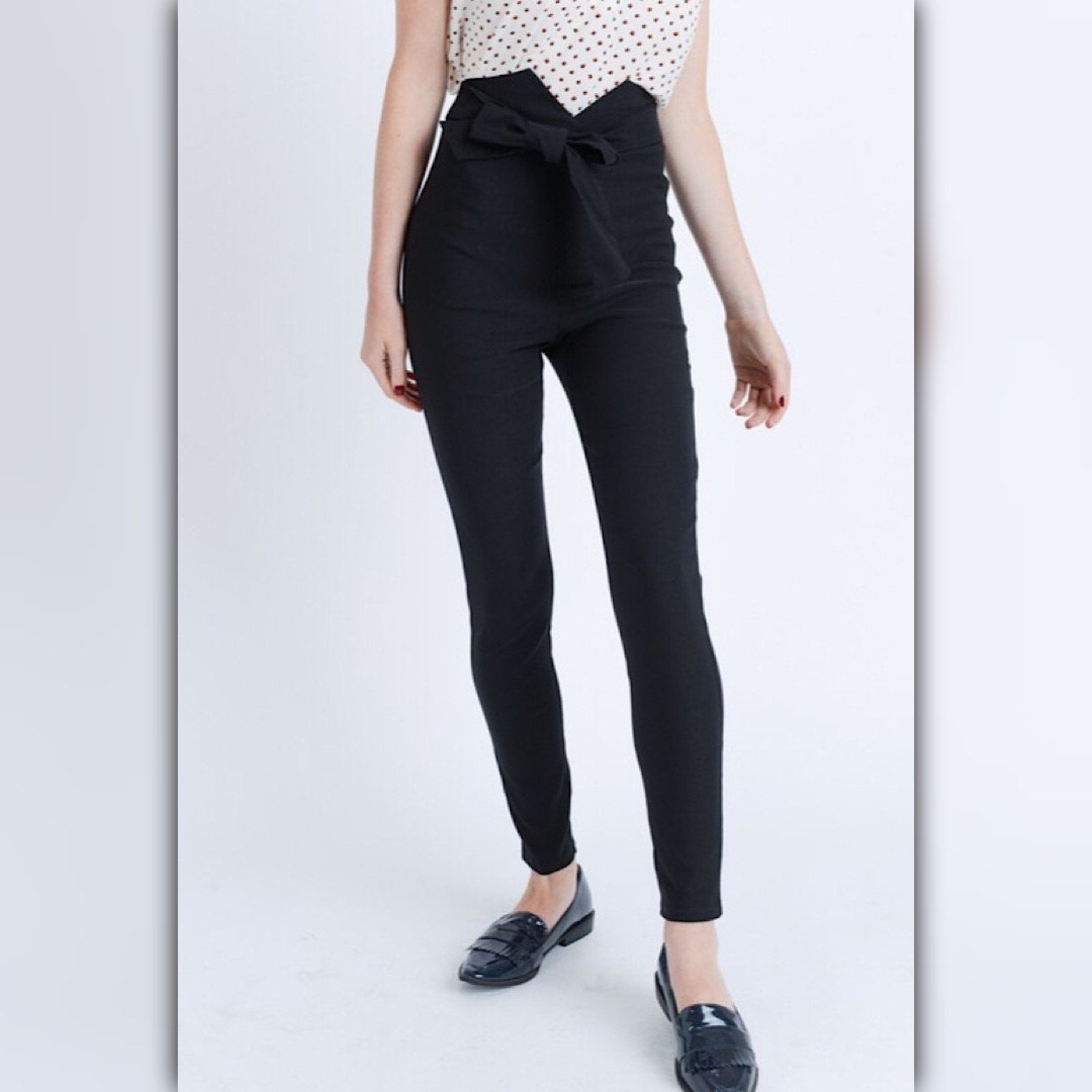 A481 — Black High Waist Belted Slim Pants with Back Zipper