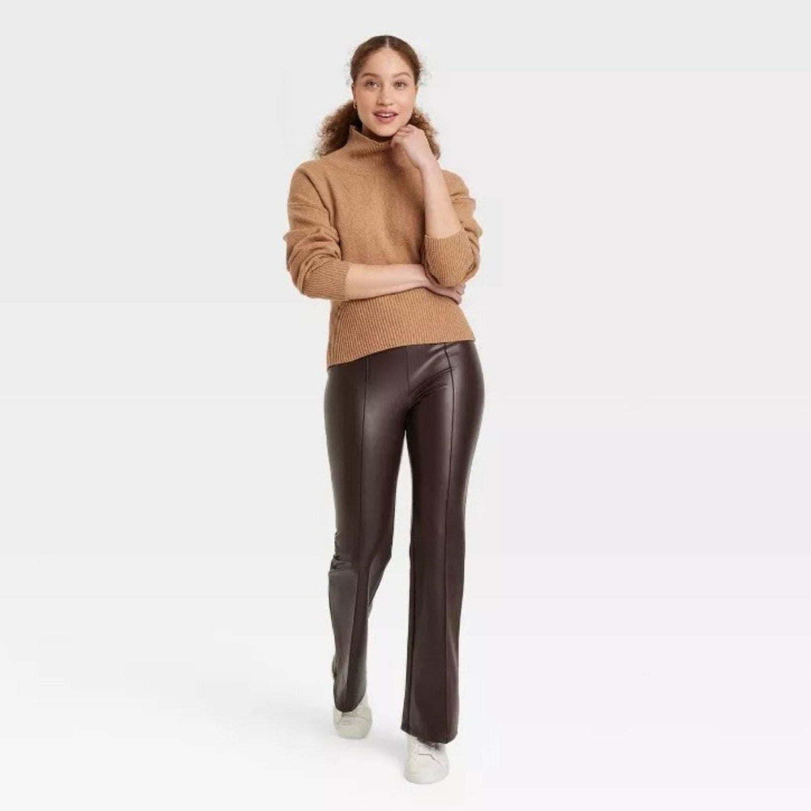 A138 • Camel Mock Turtleneck Ribbed Hem Pullover Sweater