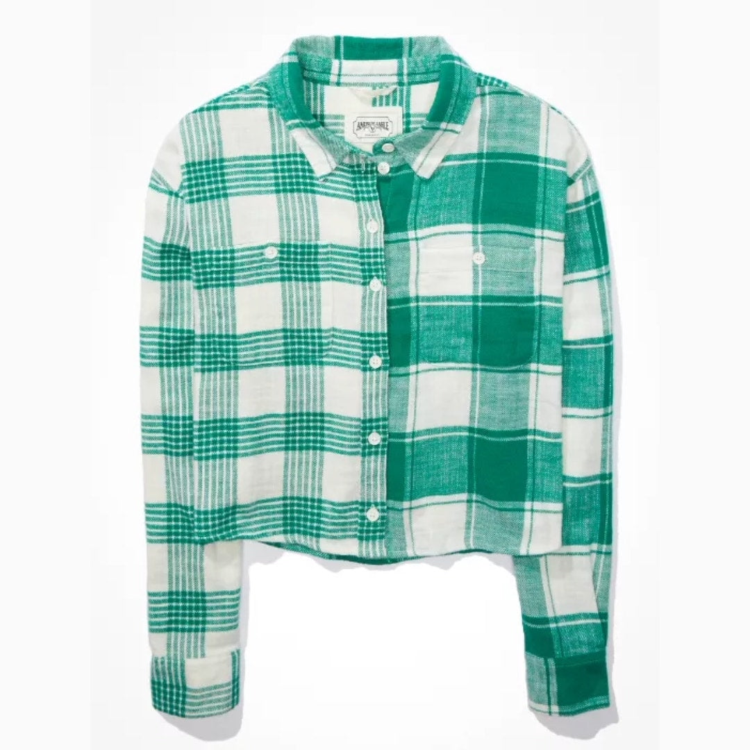 A494 • Cozy Cropped Green Plaid Flannel Shirt