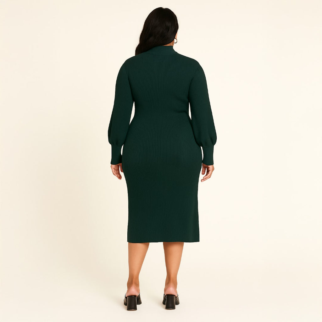 A515 • Hunter Green Puff Sleeve Ribbed Sweater Midi Dress