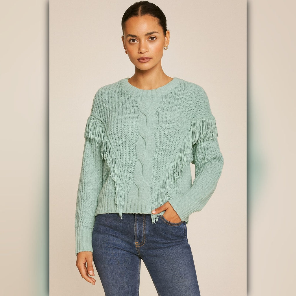 A489 • Chenille Cable Knit Crew Neck Sweater with Fringe
