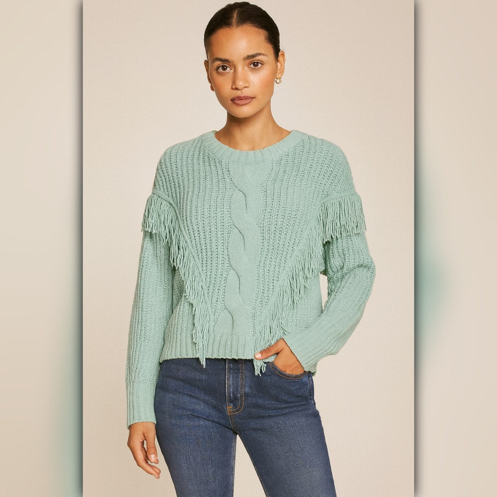 A489 • Chenille Cable Knit Crew Neck Sweater with Fringe