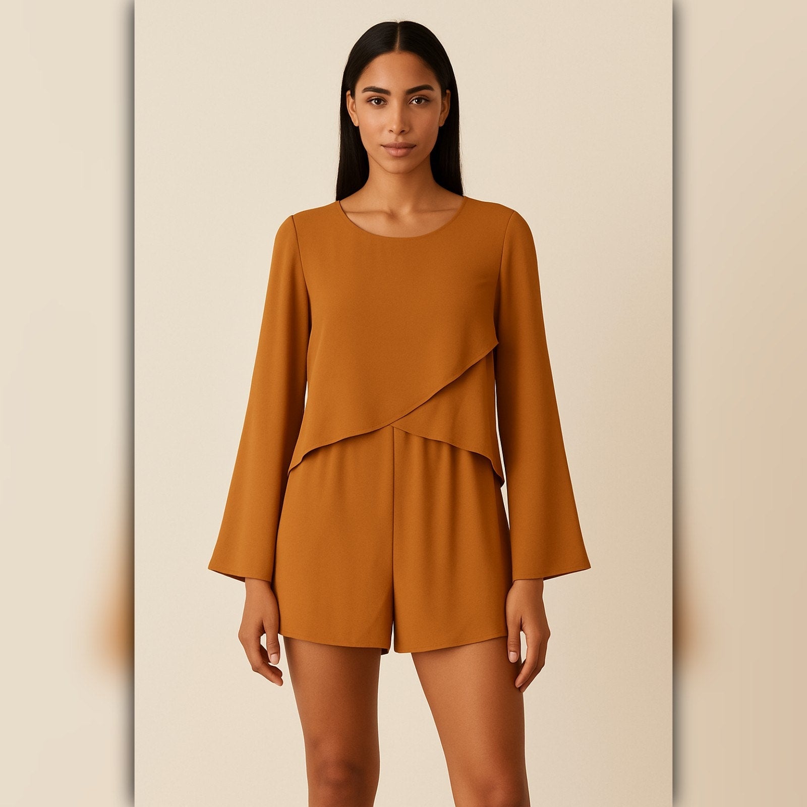 A078 • Caramel Long Sleeve Overlay Romper with Keyhole Back