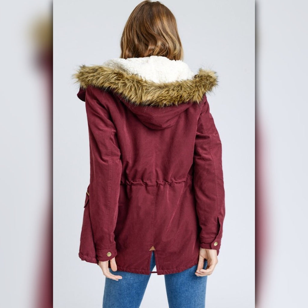 A232 • Wine Faux Fur Hooded Sherpa-Lined Utility Parka Jacket