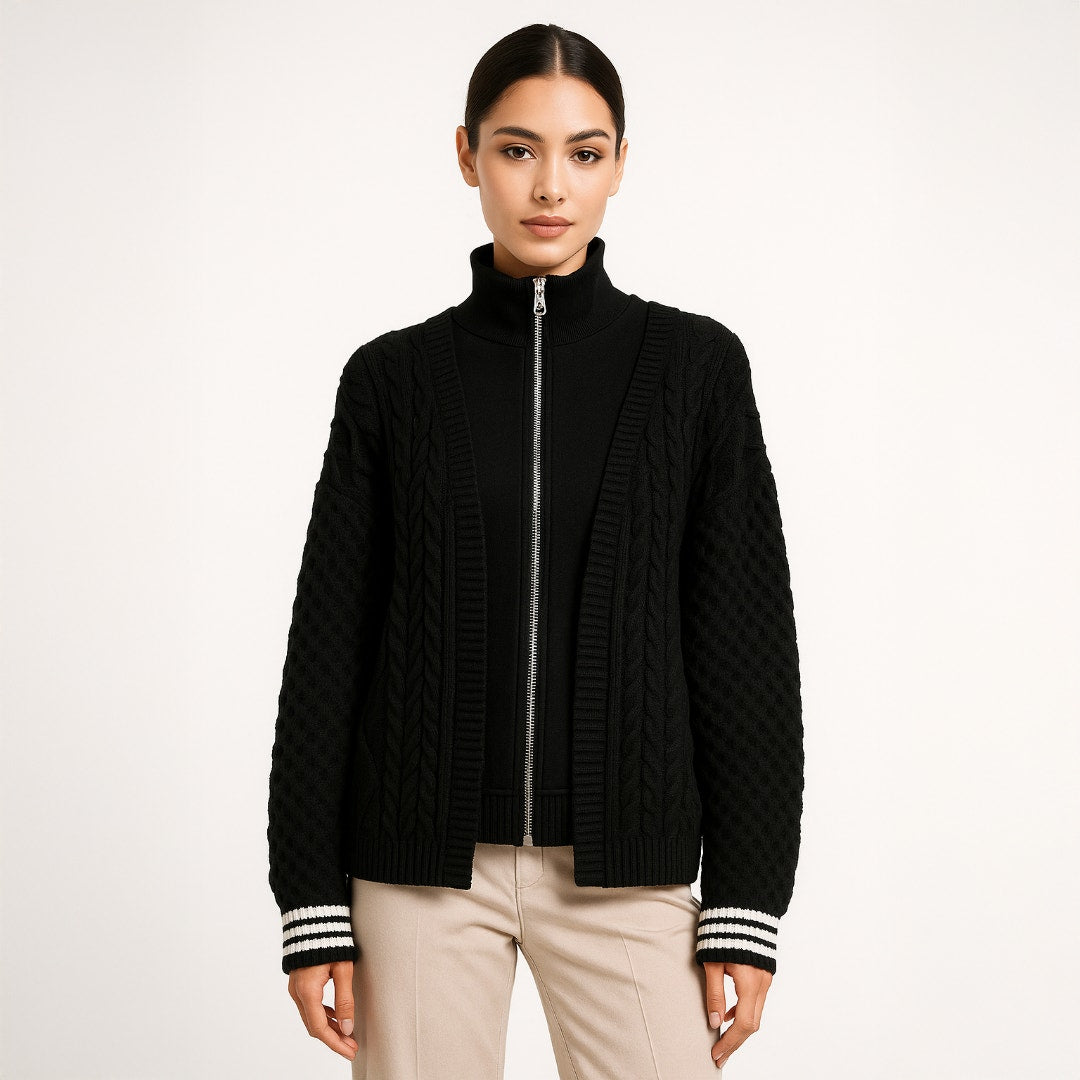A501 • Central Park West Black Cable Knit Bomber Jacket