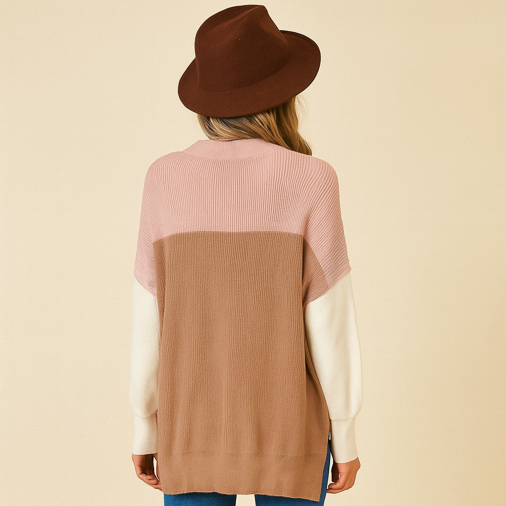 A126 • Tan Multi Colorblock Batwing Ribbed Knit Pullover Sweater