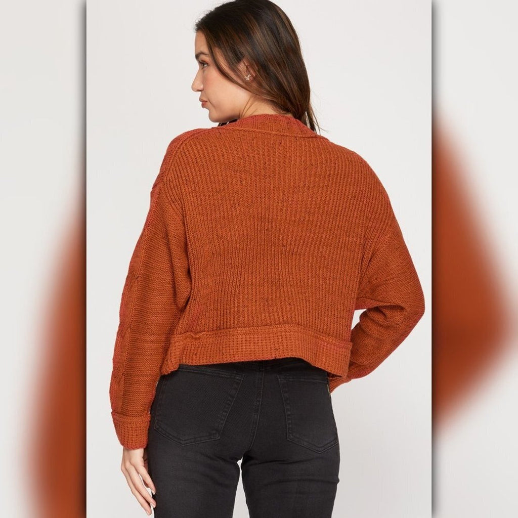 A493 • Rust Cable Knit Split Neck Sweater Top