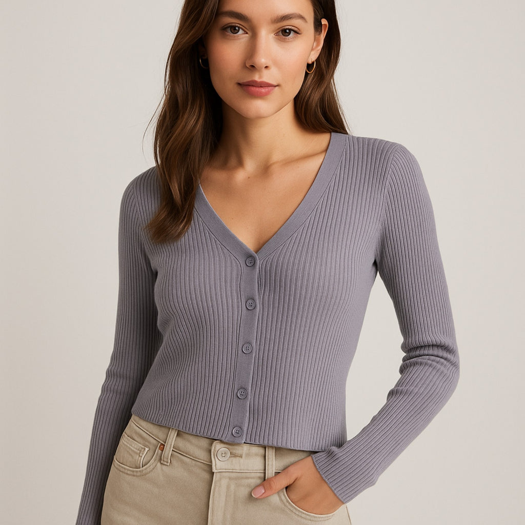 A197-B • Ribbed Button-Front V-Neck Cardigan