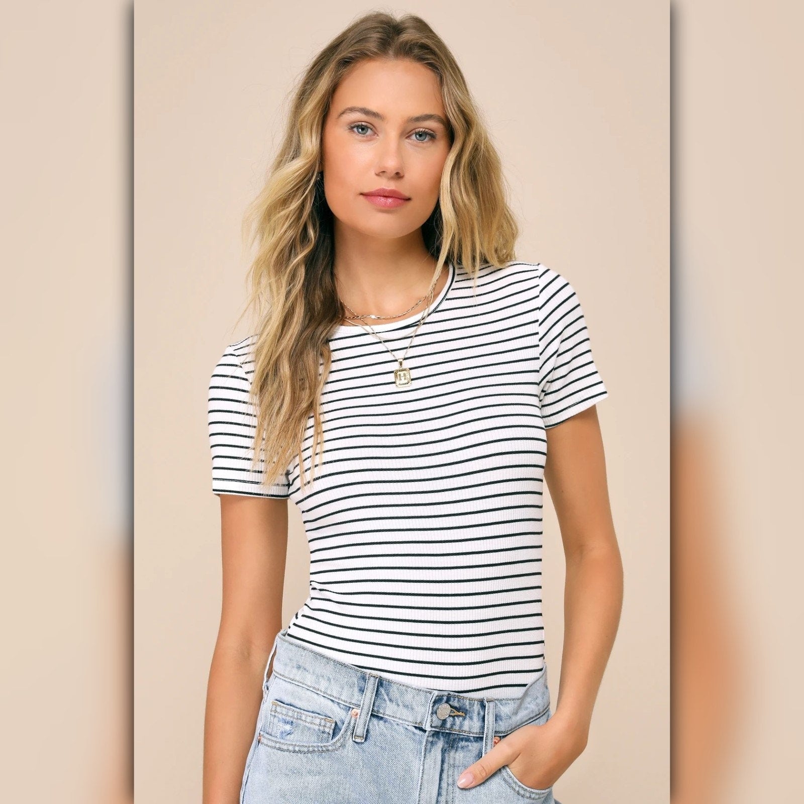 A072 • Lulus Black and White Striped Ribbed Bodysuit
