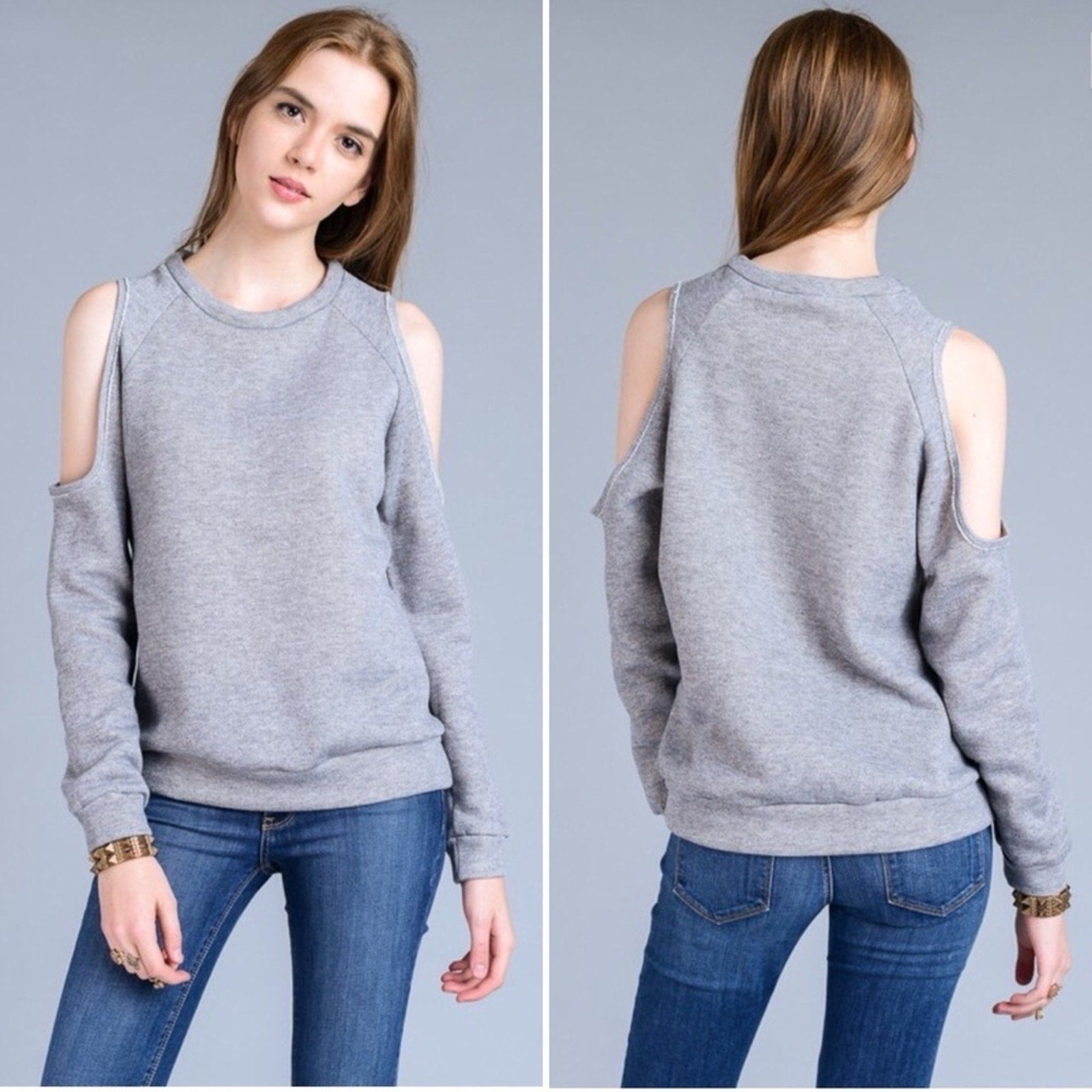 A067-B • Grey Cold Shoulder Crew Neck Pullover Sweater