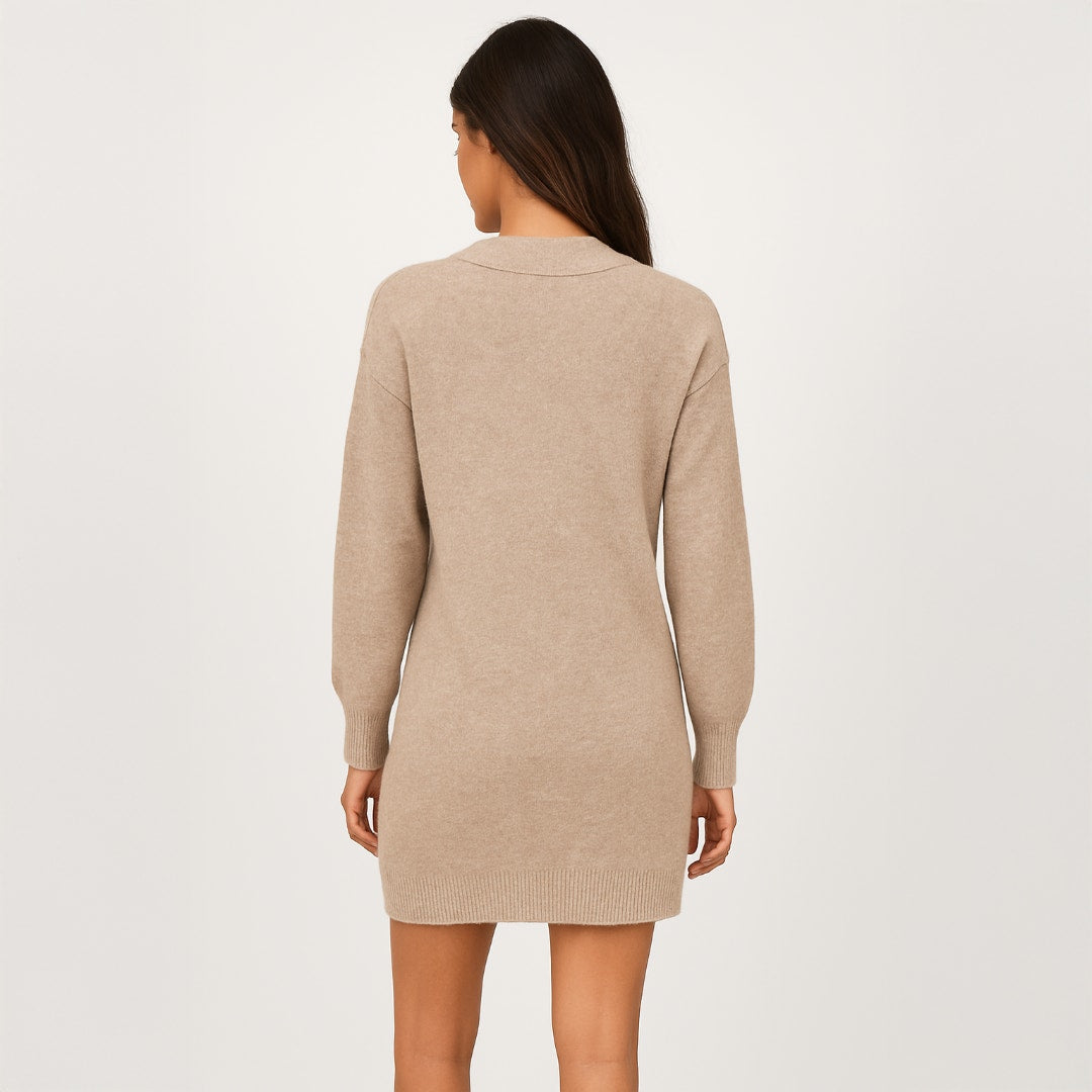 A516 • Oatmeal V-Neck Long Sleeve Sweater Dress