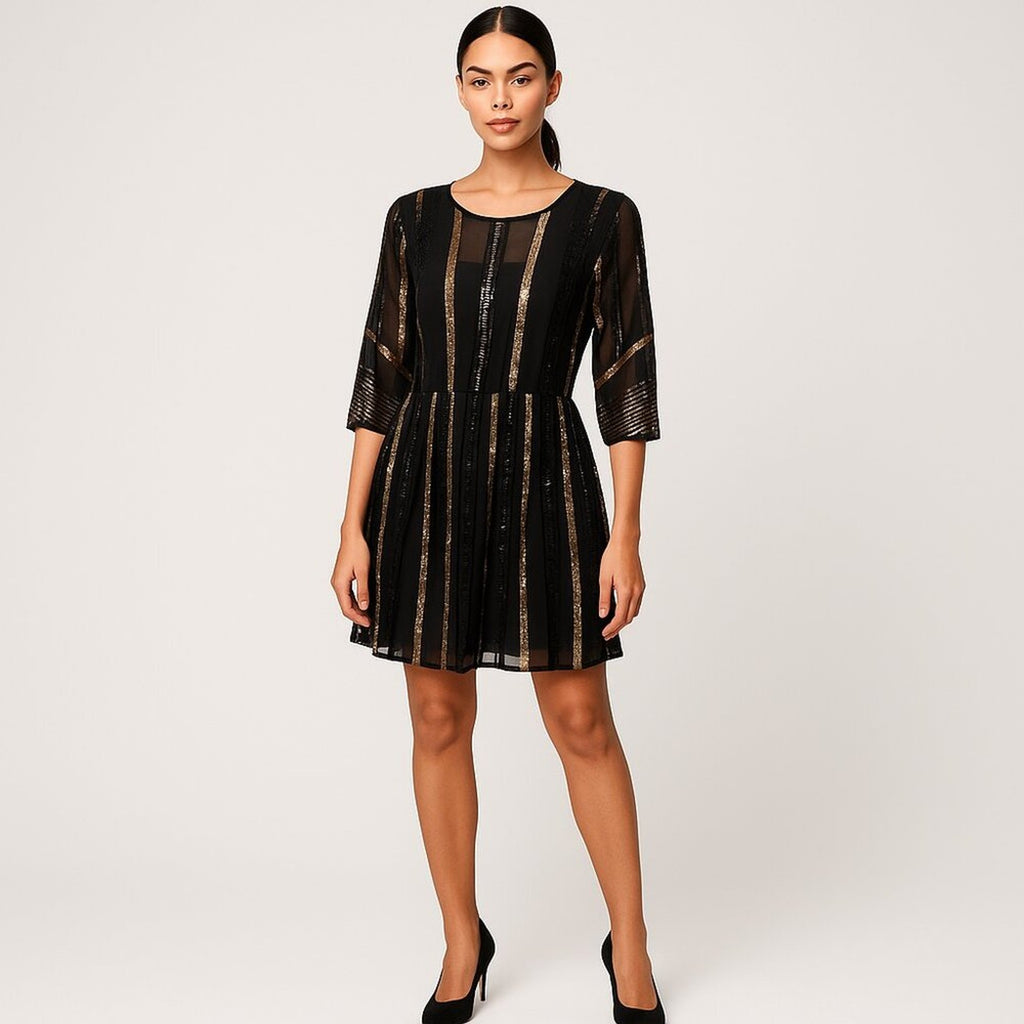 A742 • Black Gold Sequin Stripe Midi Dress