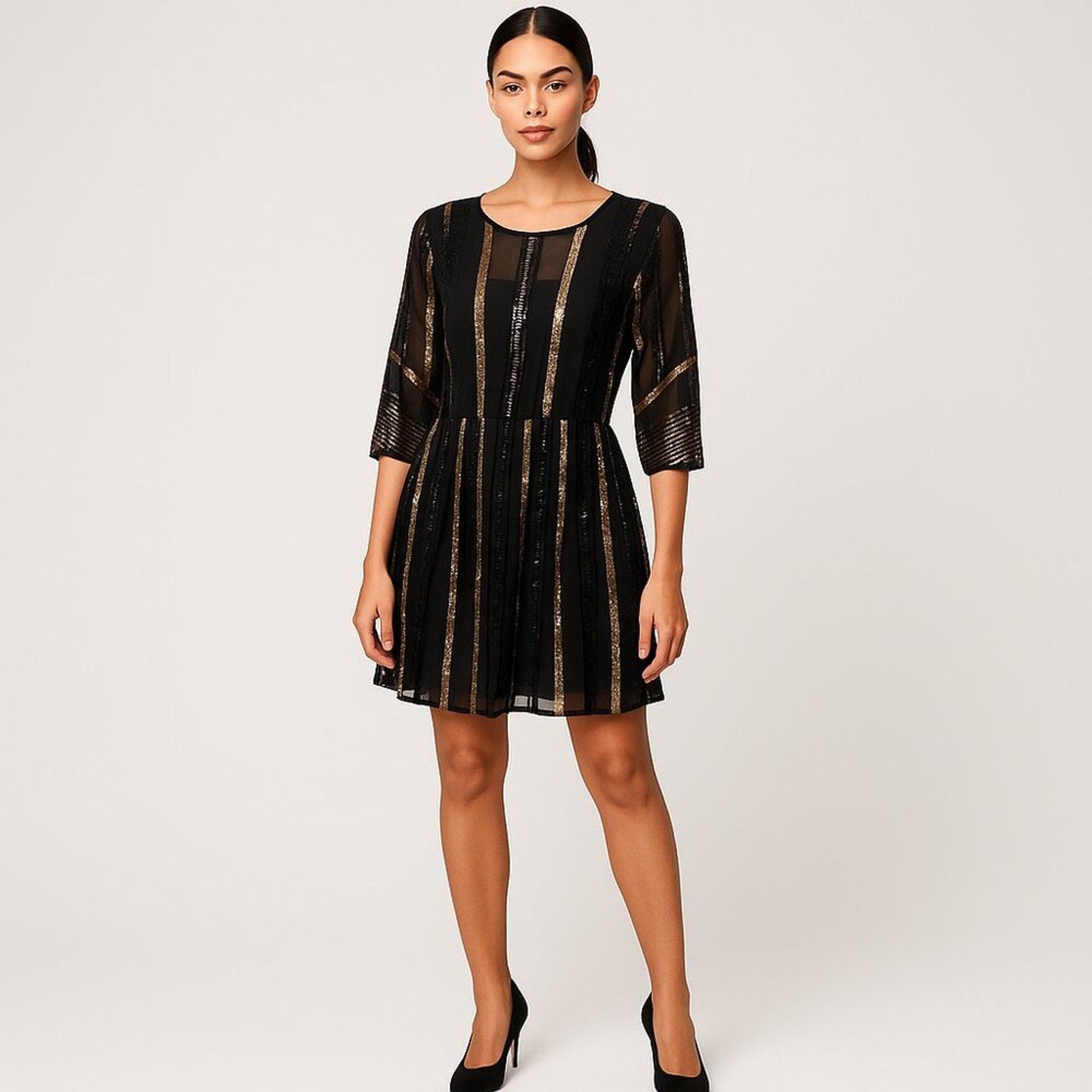 A742 • Black Gold Sequin Stripe Midi Dress