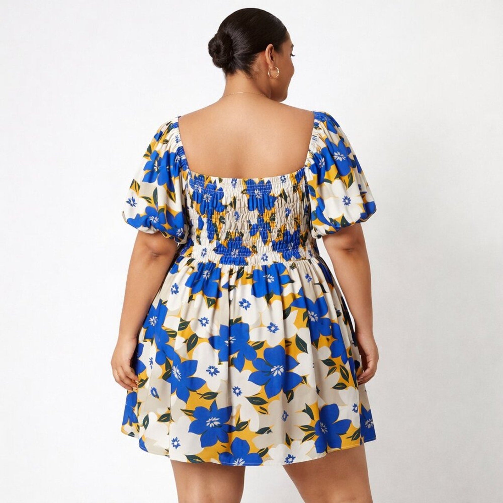 A393 • Blue Floral Smocked Puff Sleeve Midi Dress